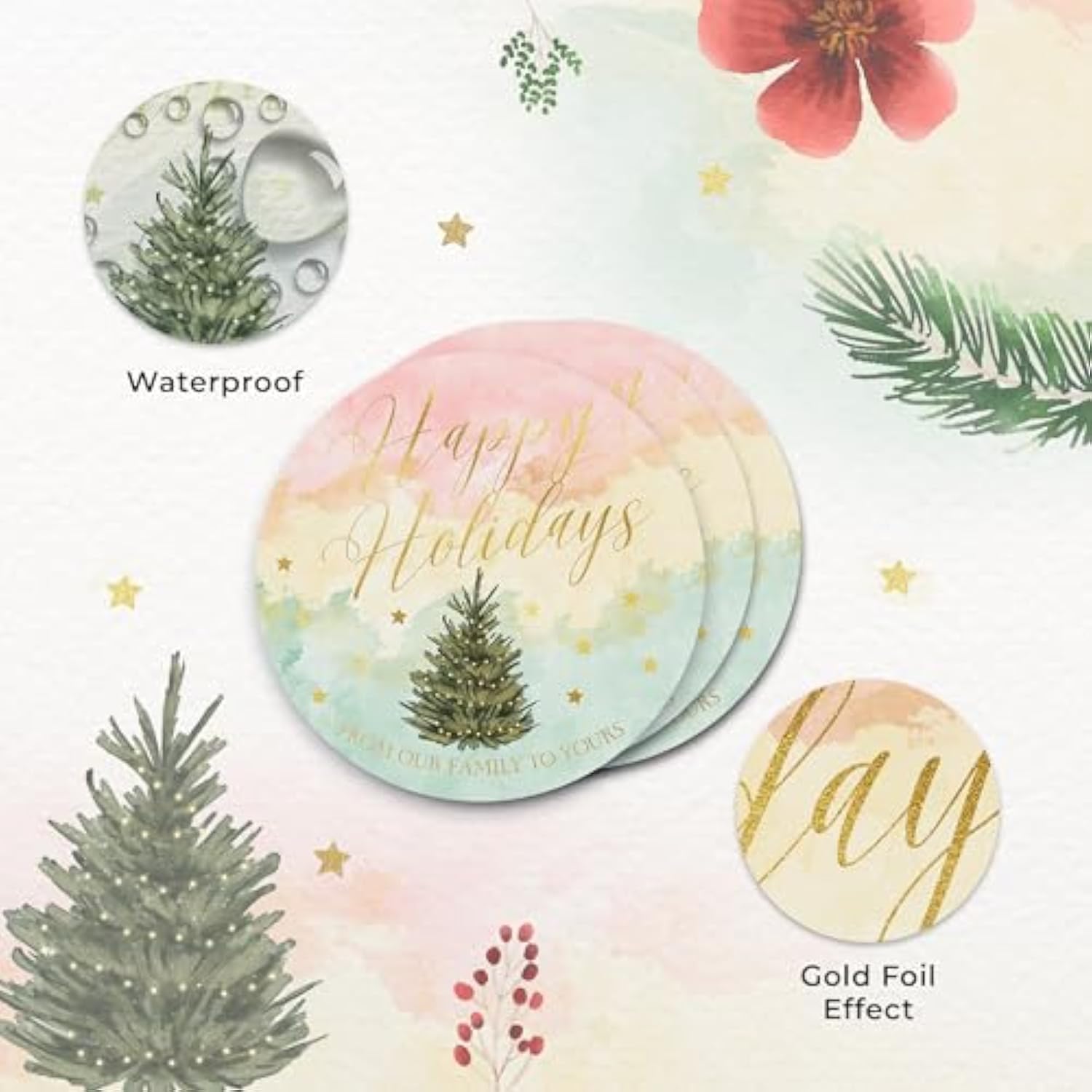 Watercolor Happy Holidays Stickers | Envelope Seals | 1.4 Inch | 135-Pack | Waterproof | Gold Foil | Pink Yellow And Green Watercolor Christmas Stickers Christmas Tree And Stars