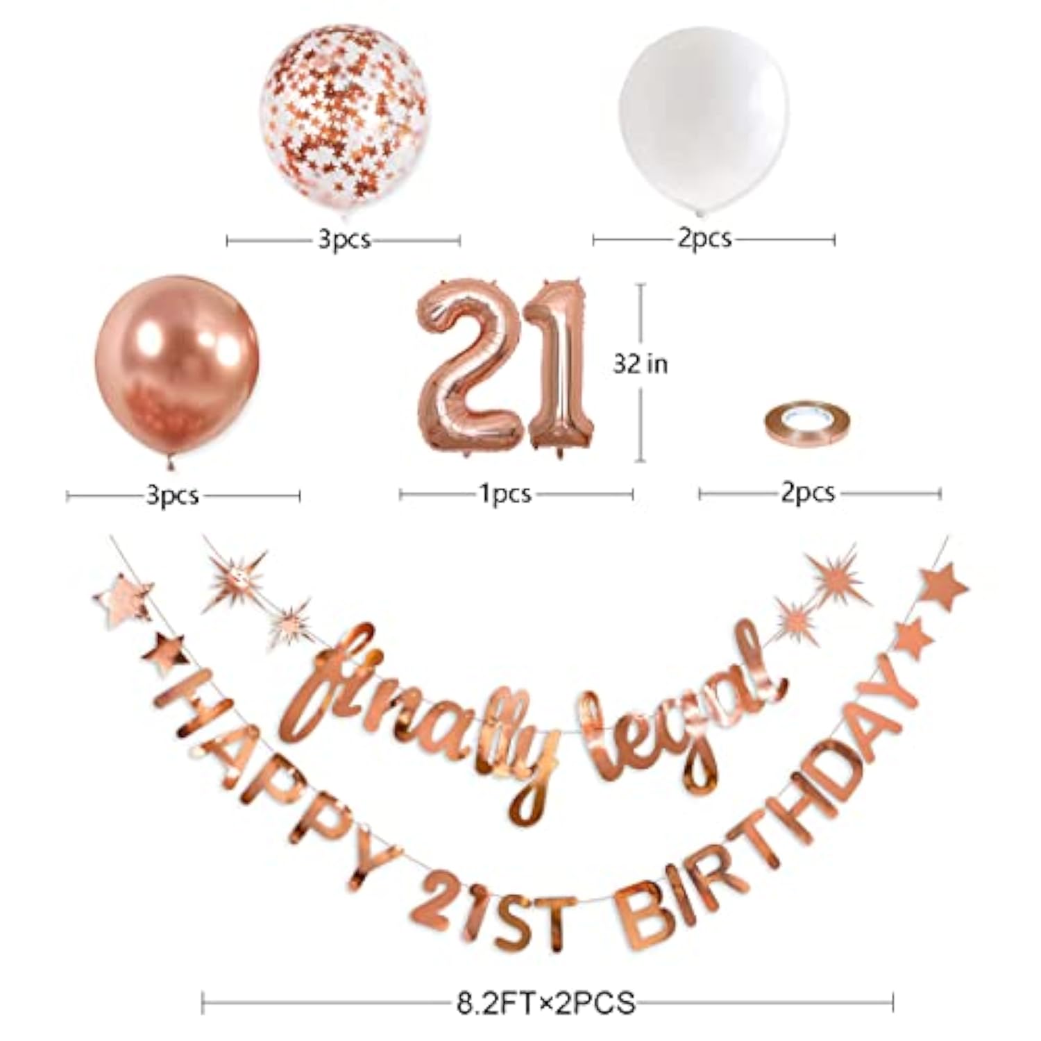 Rose Gold 21st Birthday Decor – "Finally Legal" Banner & Foil Balloons for Her Party Celebration