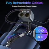 Retractable Car Charger,6 In 1 Fast Car Phone Charger 159W,Usb C And 2 Cigarette Lighter Adapter,Retractable Cables Compatible With Iphone 15/15 Pro Max/14/13/12/11, Galaxy, Pixel