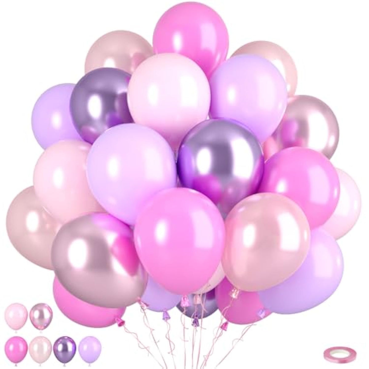 Purple And Pink Balloons, 50Pcs Metallic Pink Purple Balloons, Pearl Light Latex Balloon For Girls Women Birthday Party Wedding Baby Shower Bridal Shower Valentine'S Day Mother'S Day Decoration