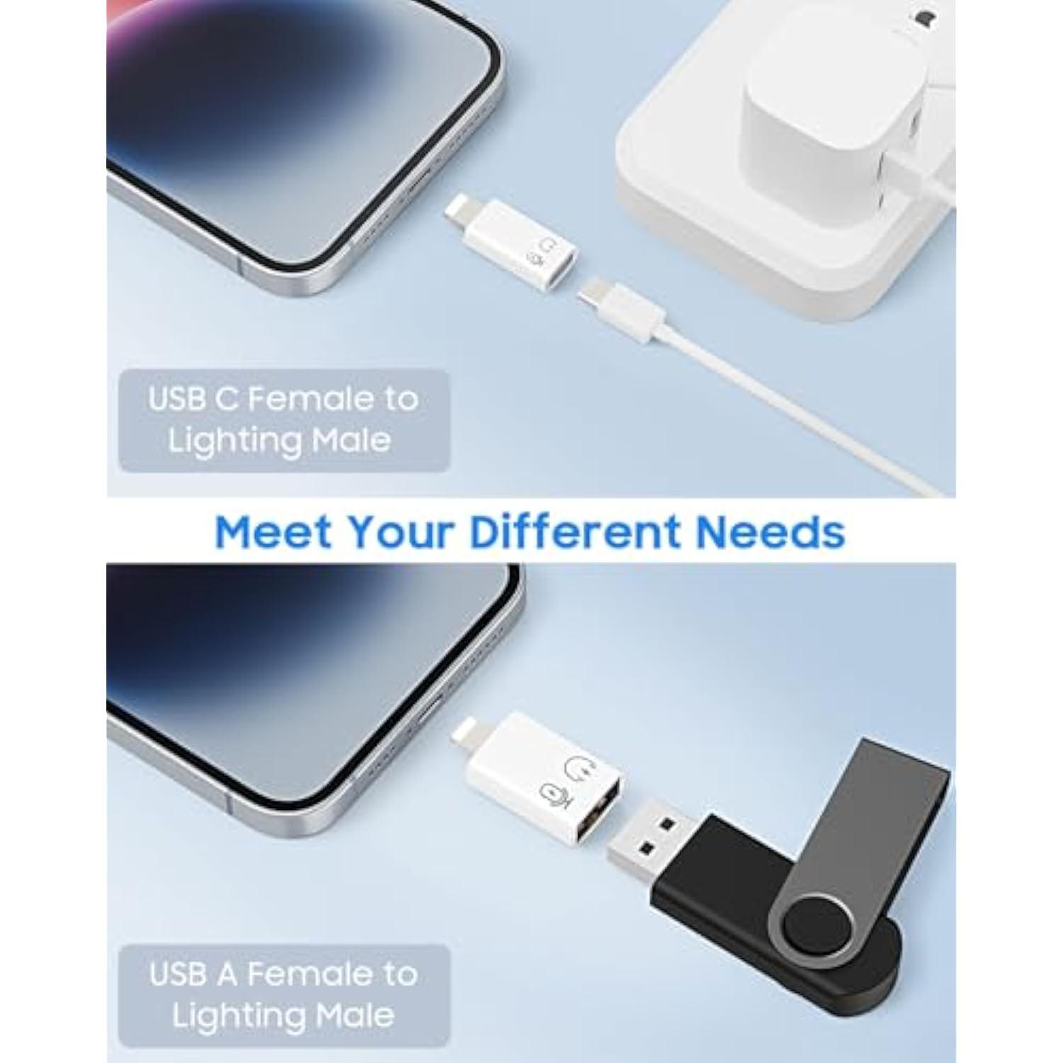 MoKo USB C Female to Lightning Male Adapter, Lightning Male to USB-A Female OTG Adapter Connector for iPhone 14/13/12/11 Pro Max/iPad/iPod/AirPods, Support 10W Fast Charging/Data Transfer/Audio