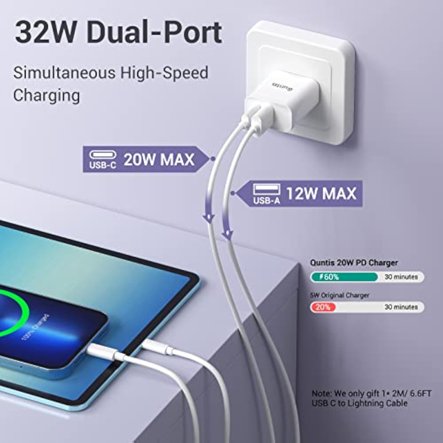 32W Fast Charger Iphone [Mfi Certified], High Speed Iphone Charger Dual Ports (Pd 20W+12W), Usb A And Usb C Wall Charger With 6 Ft Usb C To Lightning Cable For Iphone 14 Pro Max 13 12 11 X Ipad