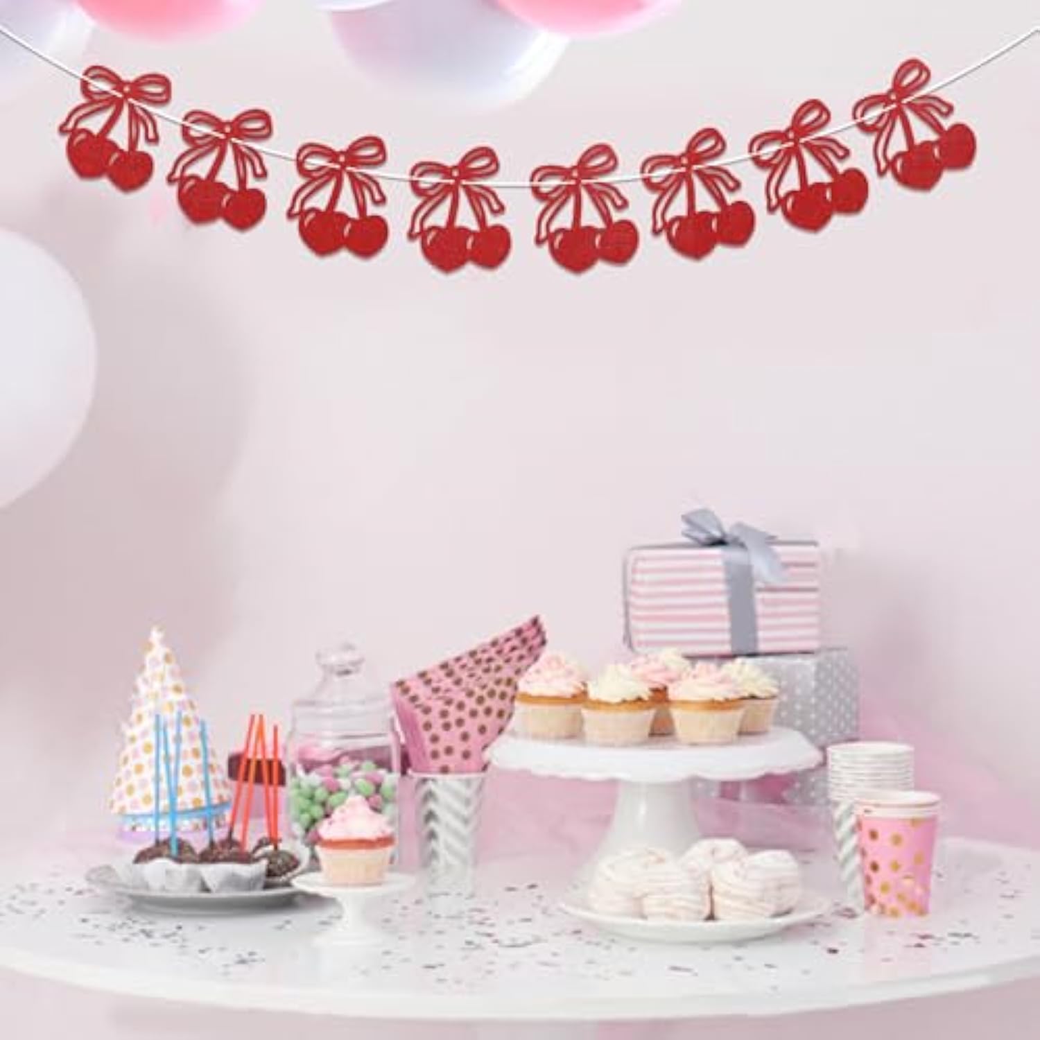 Cherry Banner - Cherry Fruit Hanging Decor, Cherry Theme Home Decor Banner Decoration For Christmas, Birthday, Bachelorette, Bridal Shower, Wedding Party Decorations Red Glitter