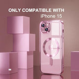 Magnetic For Iphone 15 Case Compatible With Magsafe [Never Yellowing] [ Grade Drop Protection] Full Camera Lens Protector Plating Soft Clear Phone Case For Women Girls, Pink