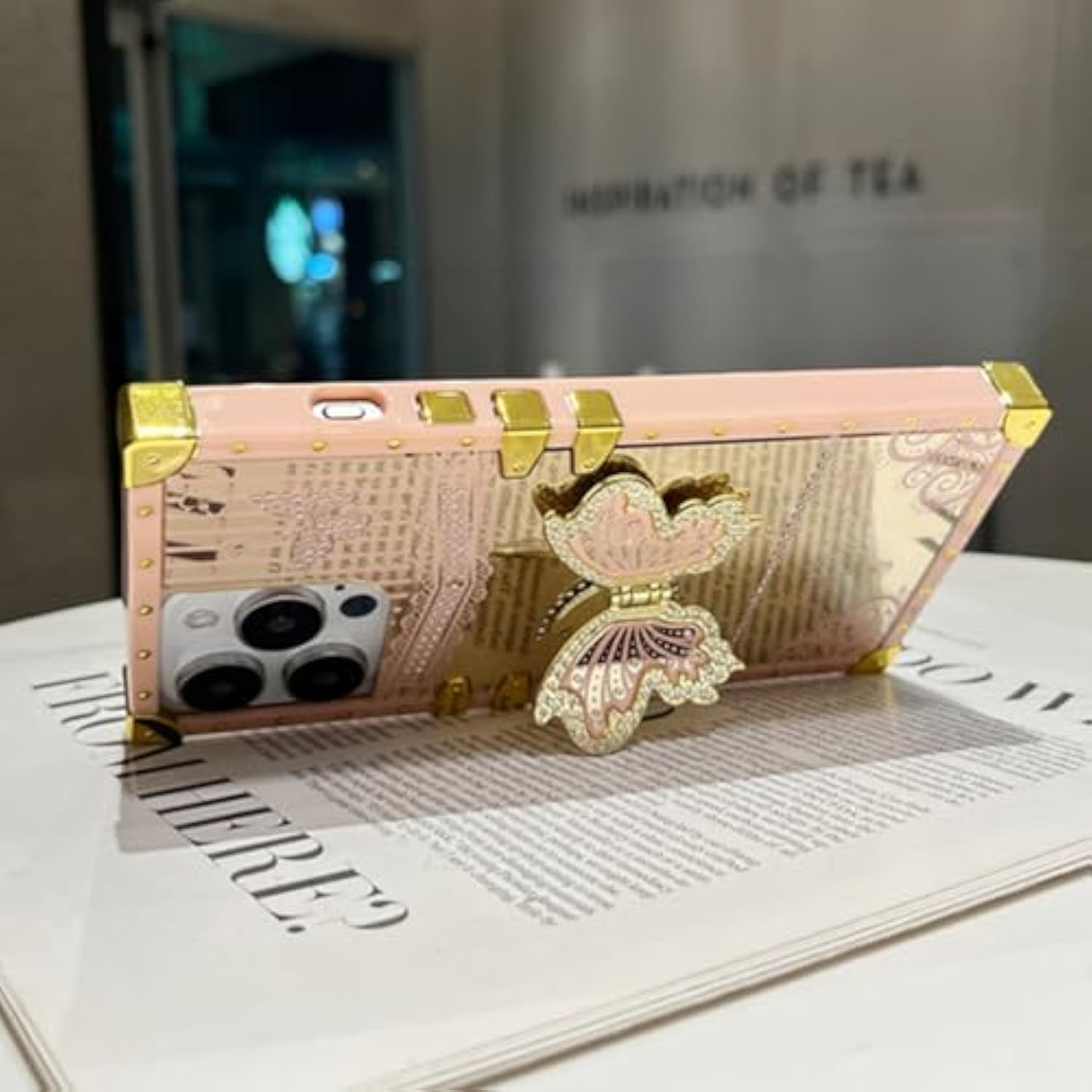 Auroicyy For Iphone 16 Pro Max Butterfly Stand Case, Glitter Bling Foldable Kickstand Woman Girly Mirror Back Golden Plated Shockproof Protective Elegant Cute Soft Cover For Iphone 16 Pro Max (Pink)