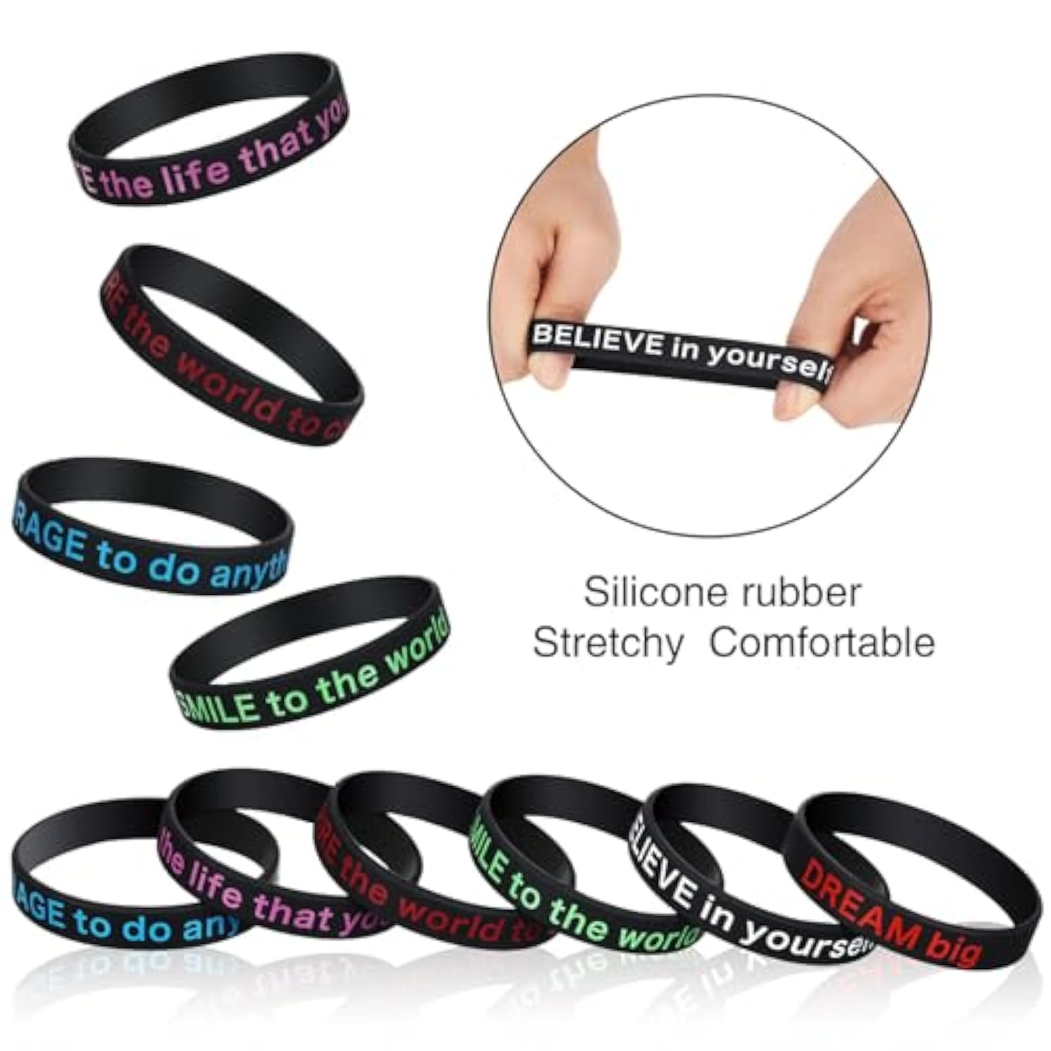 48 Pcs Motivational Quote Rubber Bracelets Colored Inspirational Silicone Wristbands Stretch Bracelets For Men Women Black History Month Teacher Office Party Favor Gifts(Black)