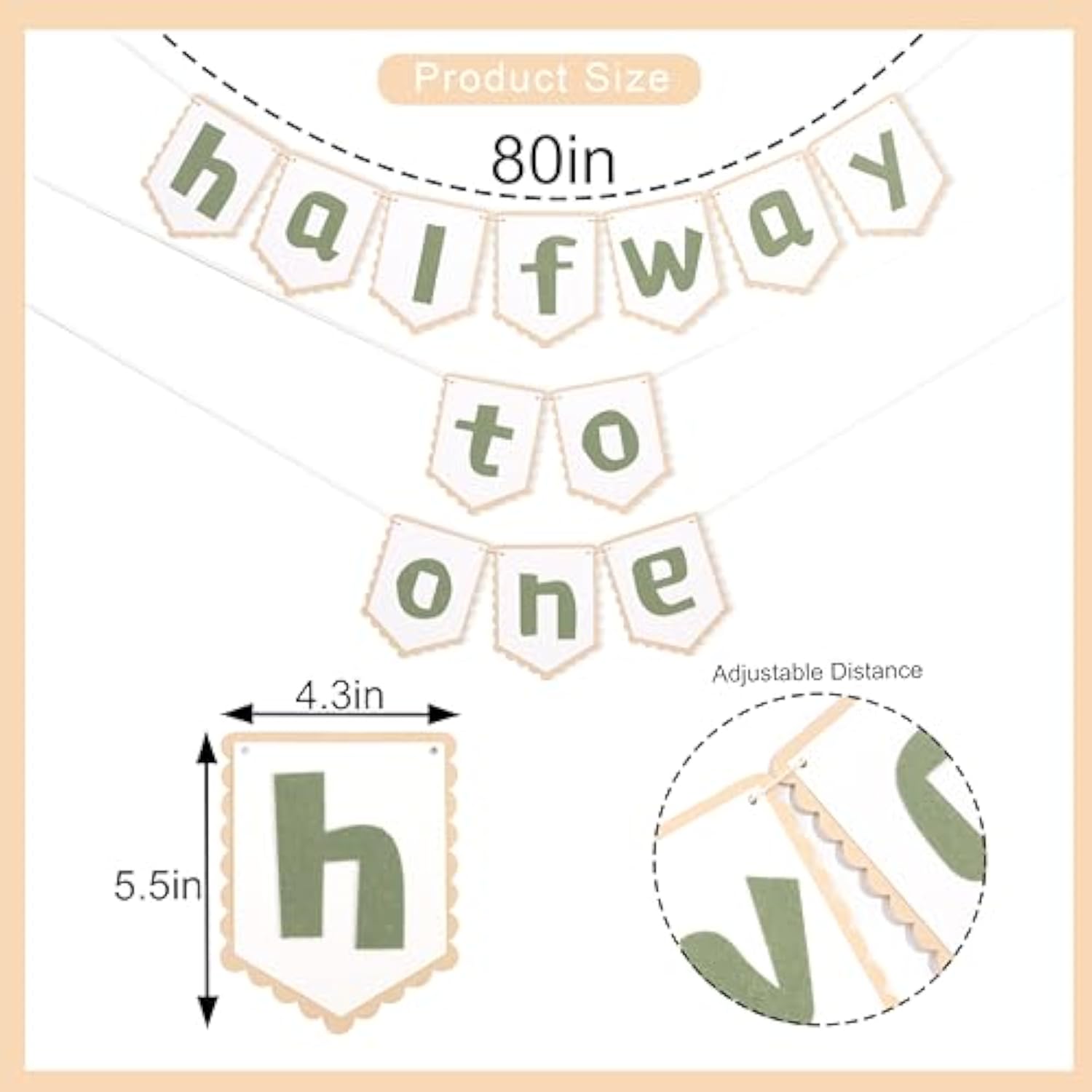 Half Way To One Banner - Neutral Rustic Baby 6 Months Birthday Decor, 1/2 Birthday Party Backdrop For Boys Girls, Cake Smash Photo Props, Baby Shower Decorations (Green)