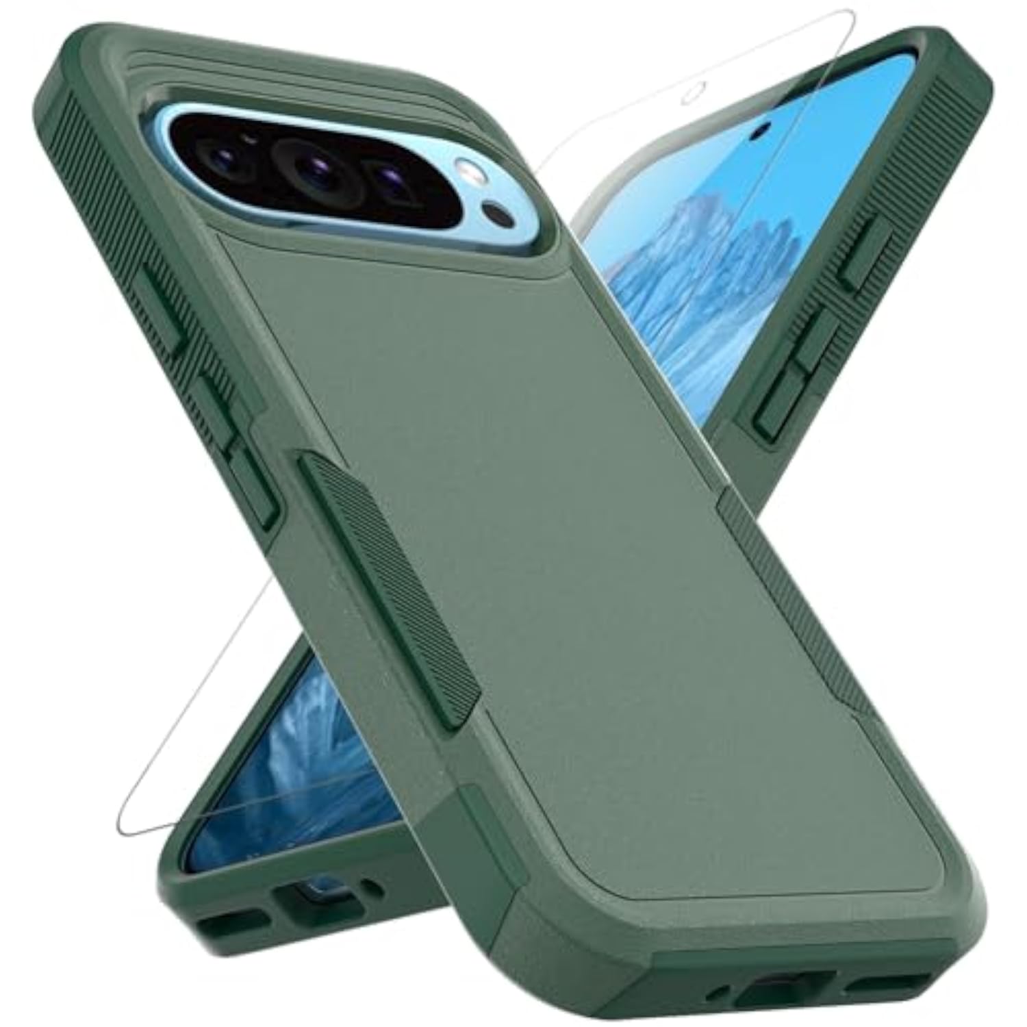 Dual Layer Protective Heavy Duty Cell Phone Cover for Google Pixel 9 / Pixel 9 Pro - Military Grade Protection Bumper with Screen Protector - Dark Green
