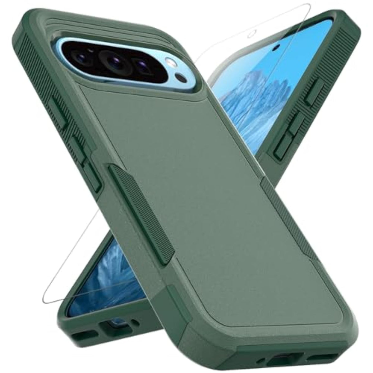 Dual Layer Protective Heavy Duty Cell Phone Cover for Google Pixel 9 / Pixel 9 Pro - Military Grade Protection Bumper with Screen Protector - Dark Green