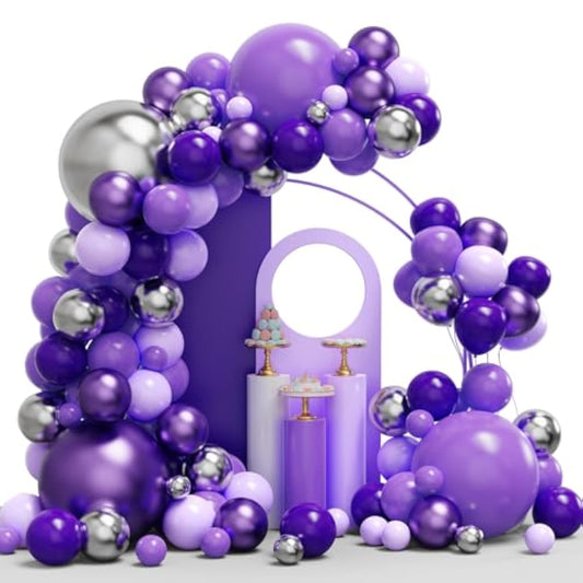 Purple Balloon Garland Arch Kit - 134Pcs Mixed Size Purple & Silver Balloons For Birthday, Wedding & Baby Shower Decorations