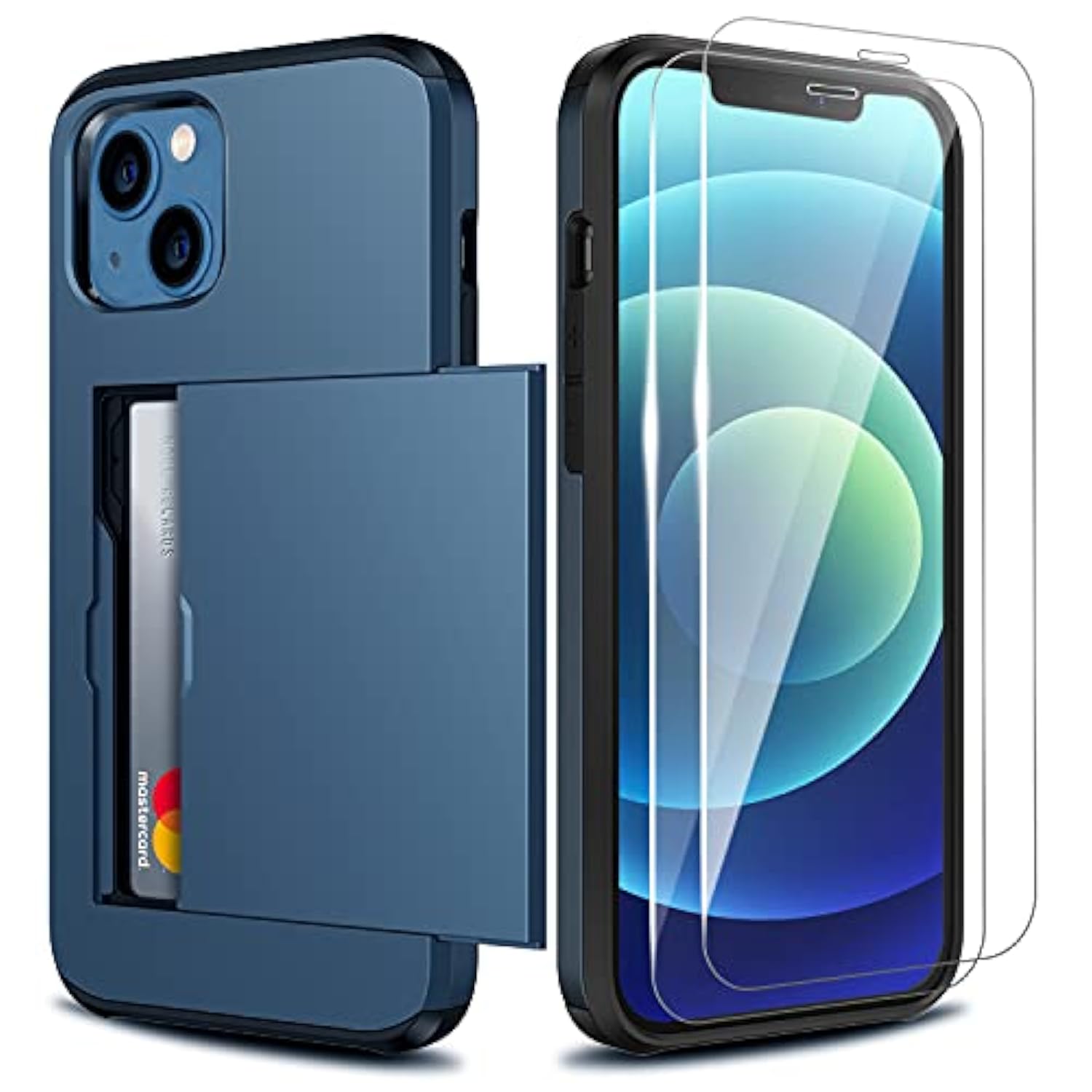 Wallet Case Compatible With Apple Iphone 13 2021 Phone Case With Card Holder Shockproof Anti Scratch Cover With Tempered Glass Screen Protectors[X2Pack] Dark Blue