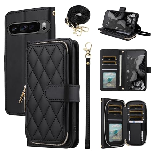 Argyle Wallet Case for Google Pixel 9/9 Pro/10/10 Pro 5G with Wrist/Shoulder Strap Card Slots Zipper Purse Luxury PU Leather Stand Phone Cover for