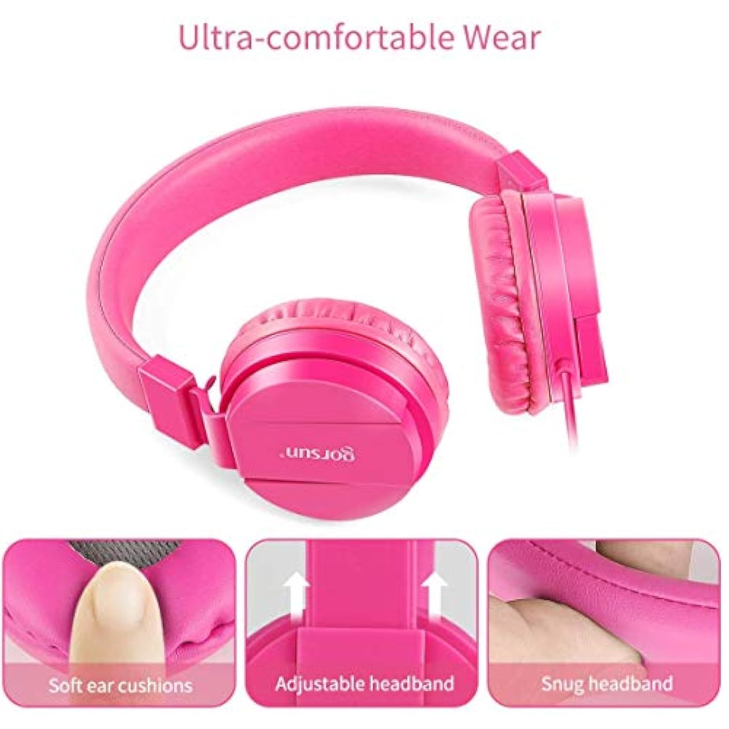 gorsun Kids Headphones, Lightweight Stereo Wired Toddler Headphones, Adjustable Headband Children's Headset for Smartphones Computer Pad Earphones(Pink)