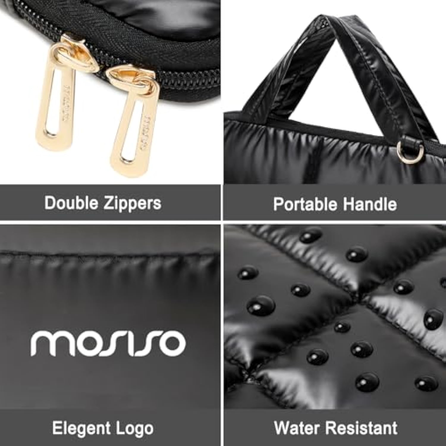 MOSISO Shiny Puffy Laptop Sleeve Compatible with MacBook Air/Pro, 13-13.3 inch Notebook, Compatible with MacBook Pro 14 inch M4 M3 M2 M1, Twelve Rectangle Quilted Bag with Handle&Small Case, Black