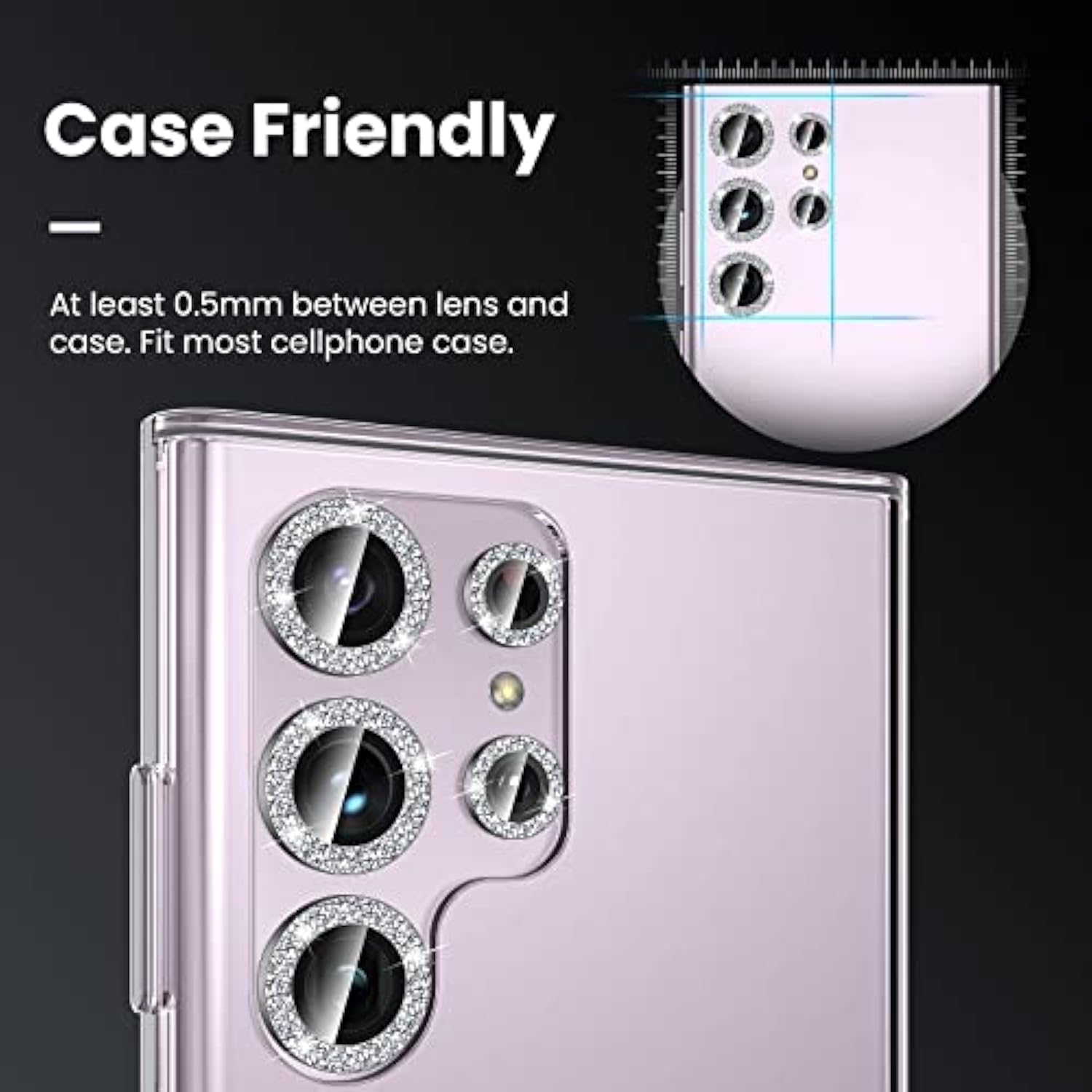 (3+2Pcs For Samsung Galaxy S23 Ultra 5G Camera Lens Protector, 9H Tempered Glass Camera Cover Screen Protector Metal Individual Ring [Installation Tray][Removal Tool][Case Friendly]- Glitter