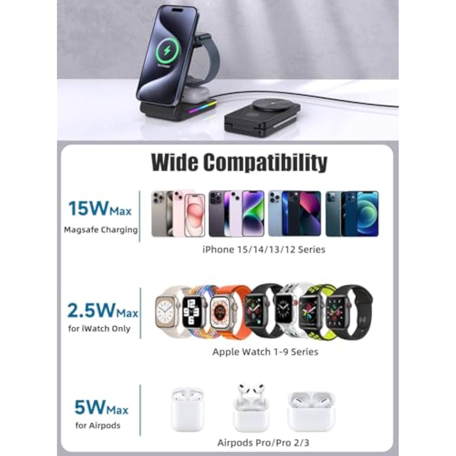 Wireless Charging Station For Mag-Safe Charger, 3 In 1 Mag-Safe Charger Stand For Iphone 16 Pro Max/15/14/13/12, Foldable Mag-Safe Nightstand Charger For Air Pods, Iwatch (Black)