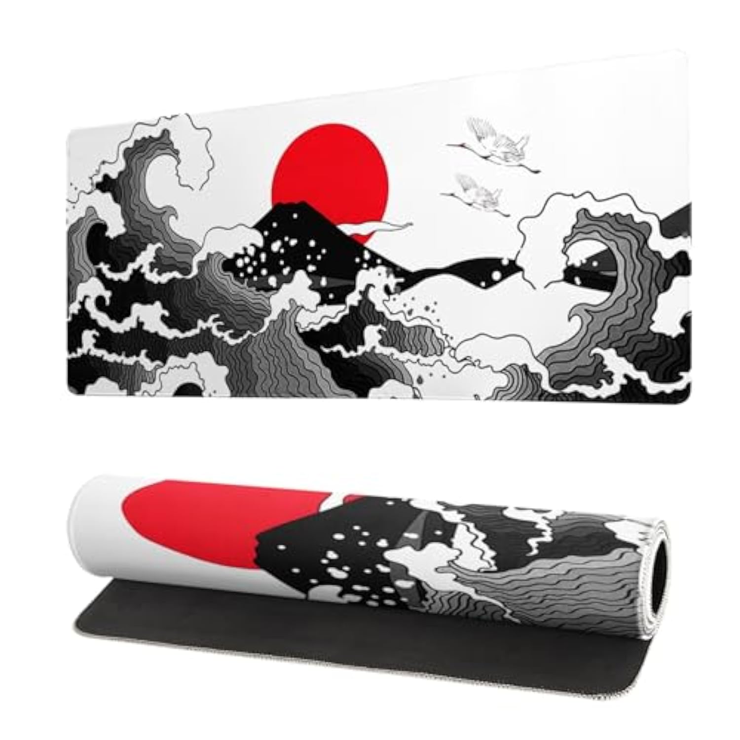 Japanese Red And Black Wave Gaming Mouse Pad Extended Large Mouse Mat Desk Pad Sea Texture Non-Slip Rubber Base Wave Mousepad Stitched Edges Keyboard Desk Pad For Office Home Game 27.6X11.8 Inch