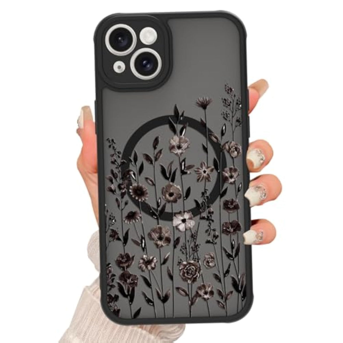 Magnetic iPhone 14 Case for Women with Black Floral Design