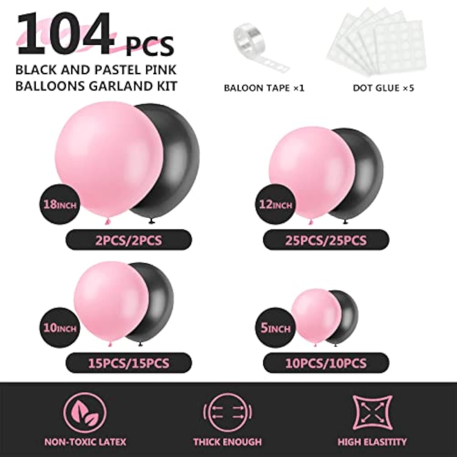 Black & Pastel Pink Balloon Arch Kit: 104 Piece Party Decoration