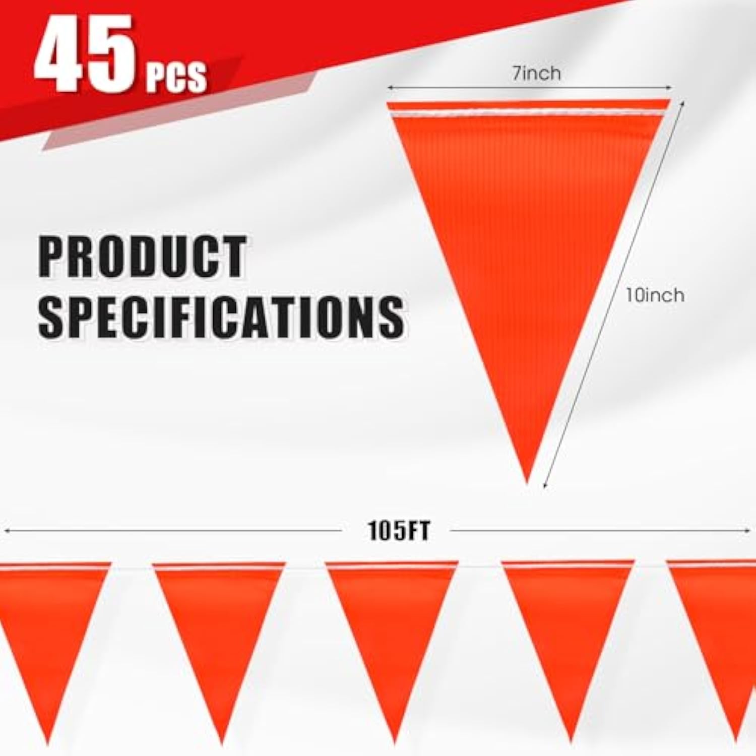 105Ft Safety Warning Pennant Banner Flags – Multipurpose Osha High Visibility Triangle Flags For Outside Fence, Roadwork, Party And Hazard Areas(Orange,45Pcs,105Ft)