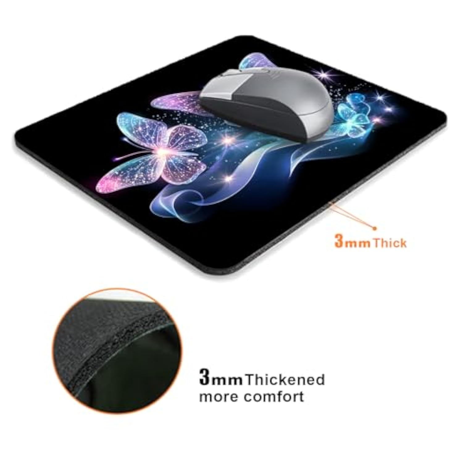 Blue Glitter Butterfly Mouse Pads For Desk, Portable Wireless Computer Mouse Pad Small Design With Women, Non-Slip Rubber Base Laptop Mousepad 9.5" X 7.9" Smooth Surface For Office & Travel