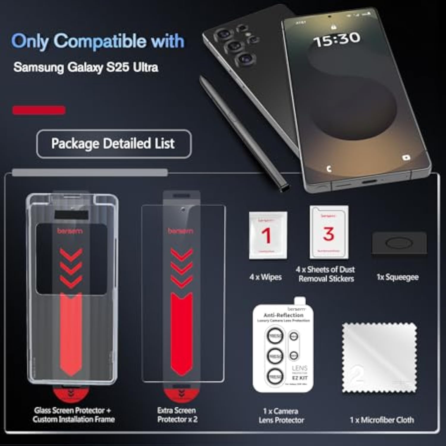 3 Pack For Samsung Galaxy S25 Ultra Screen Protector + 1 Pack Camera Lens Protector, 9H+ Tempered Glass Film With Customized Installation Tray, Military Grade Shatterproof, Hd Clear