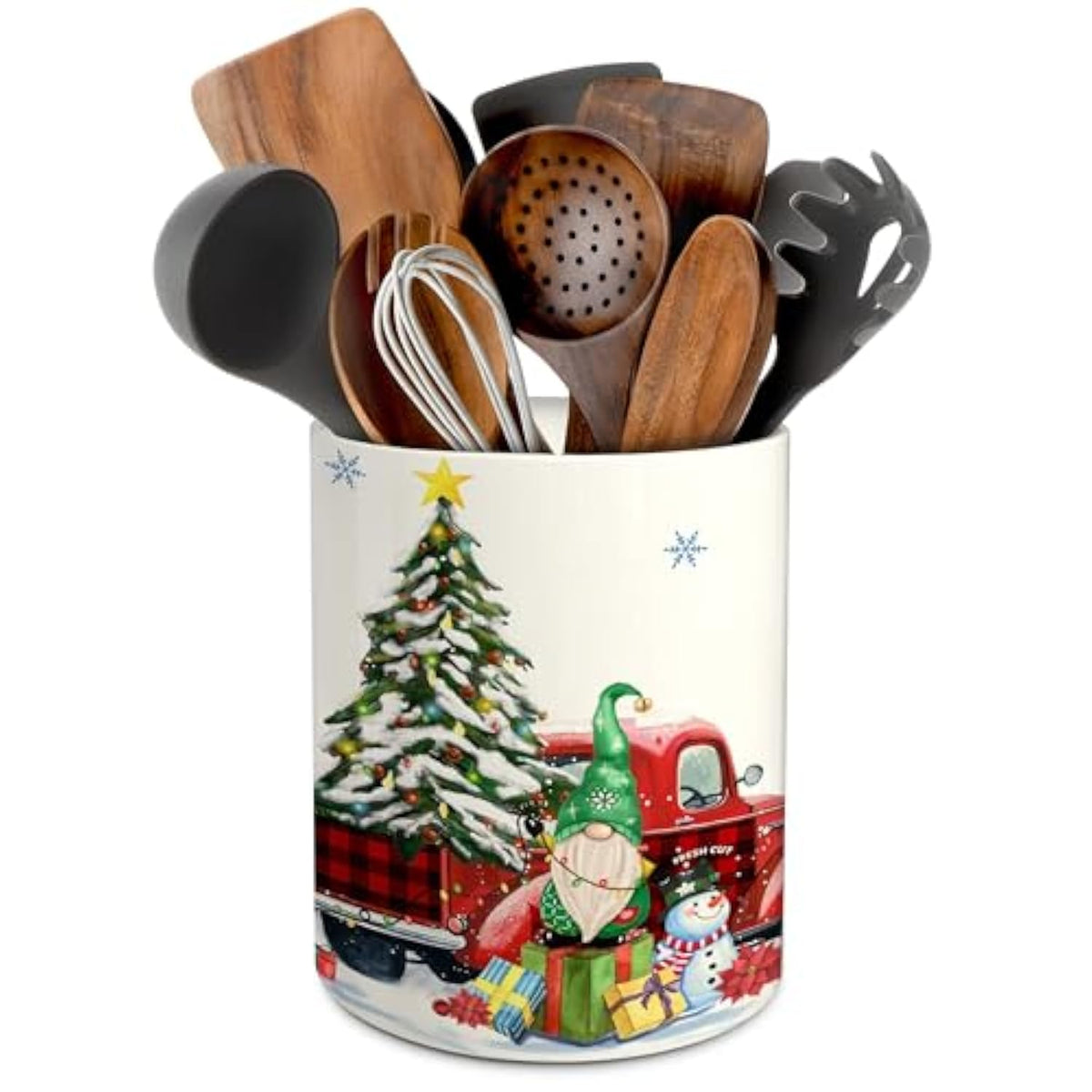Christmas Kitchen Decor Ceramic Utensil Holder, Cute Christmas Gnome Truck Utensils Holder, Xmas Ceramic Utensils Crock For Rustic Farmhouse Indoor Kitchen Decorations(6.3 Inches)