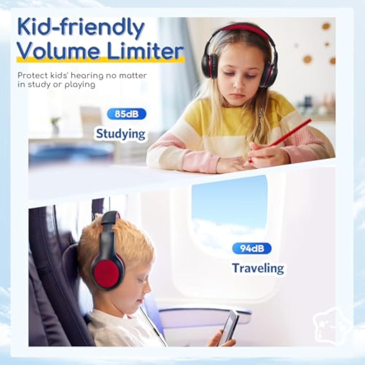 Kids Headphones Wired With Microphone, 85/94Db Volume Limit Headphones For Kids, Portable Wired Headphone With Shareport, Stereo Sound Foldable Headset For School/Tablet//Kindle, Black Red