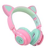 CT-7 Kids Bluetooth Cat Ear Headphones LED Mic Volume Control Pink & Green