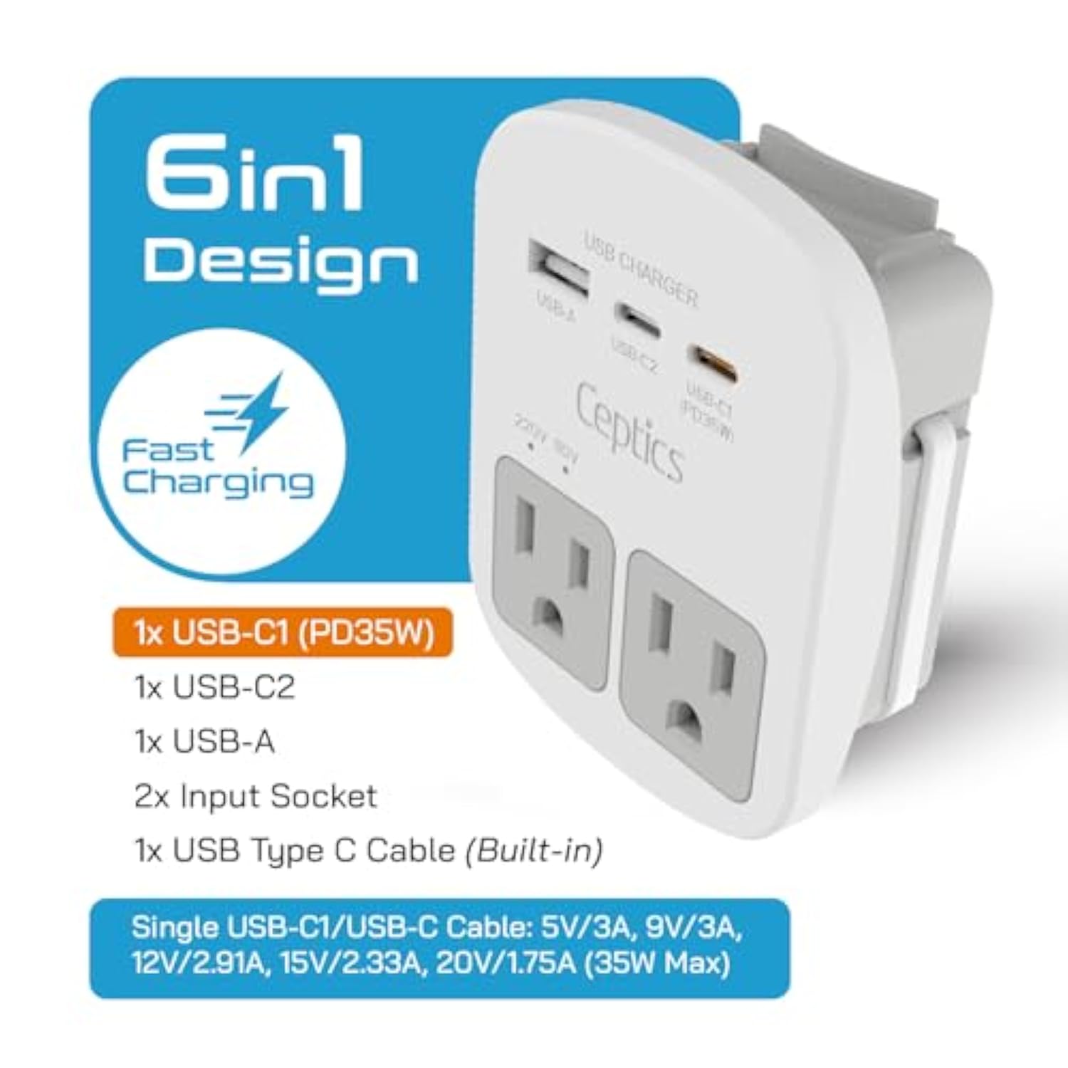 Ceptics Universal Travel Adapter Kit - 2 USB, USB-C Cord+2 US Outlets QC 3.0, Surge Protection, Plugs for Europe, UK, China, Australia, Japan - Perfect for Laptop, Cell Phones, Cameras,Safe ETL Tested