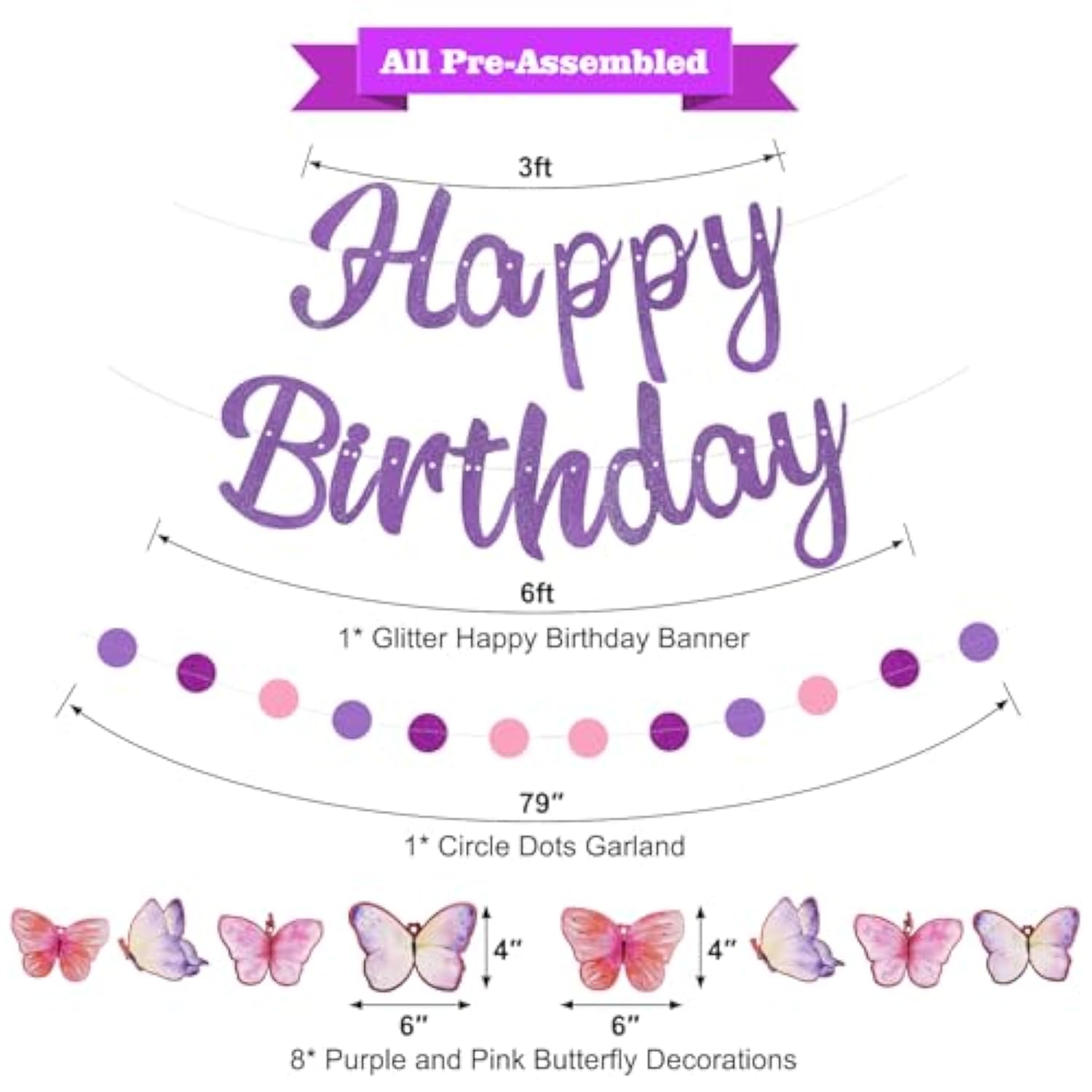 10pcs Purple Birthday Décor Set - Pre-Strung Butterfly Banner & Dot Garland