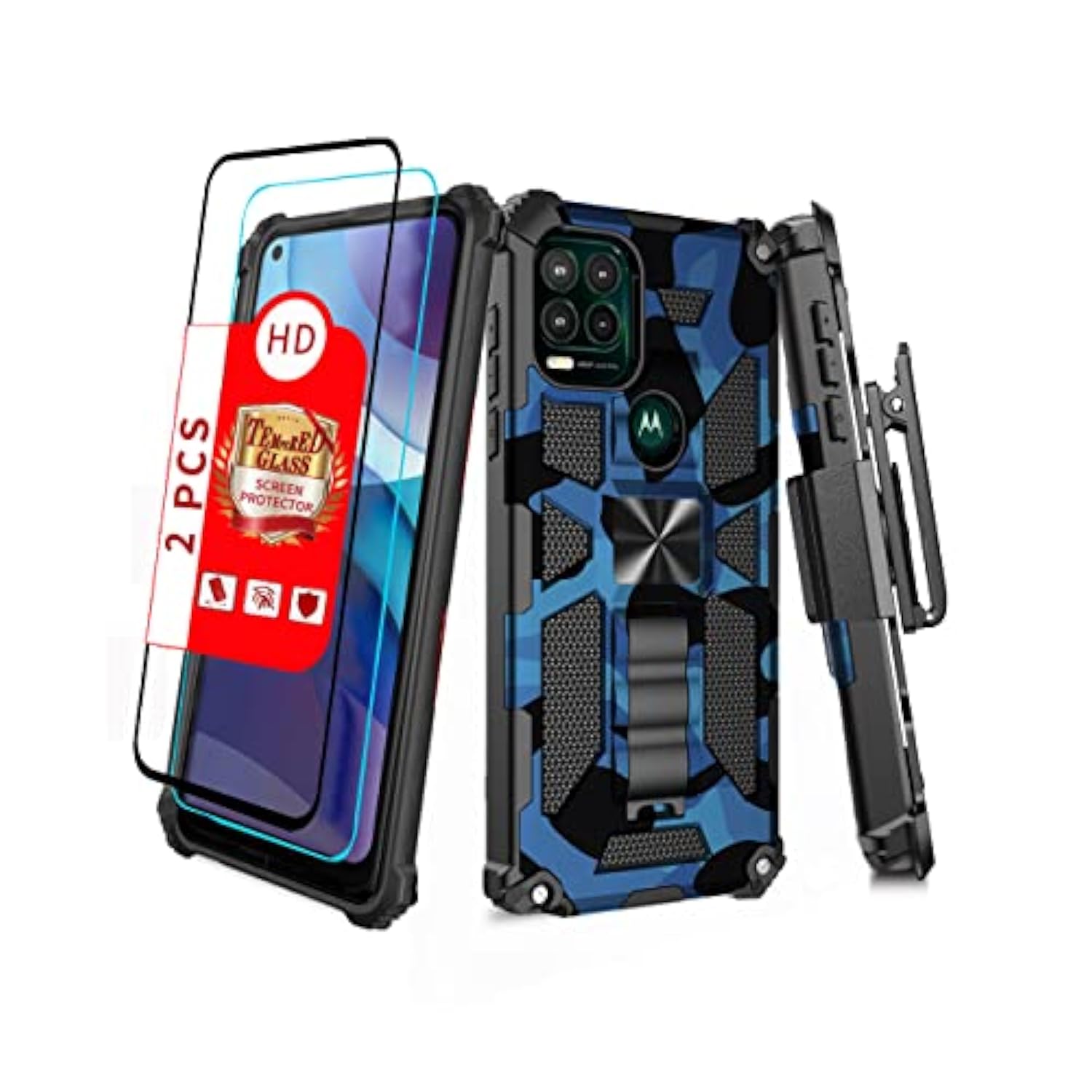 Shockproof Camouflage Military Grade Drop Tested Phone Case With Built In Kickstand With Screen Protector Holster Belt Clip Fits For Moto G Stylus 5G 6.8" (Blue Camo)