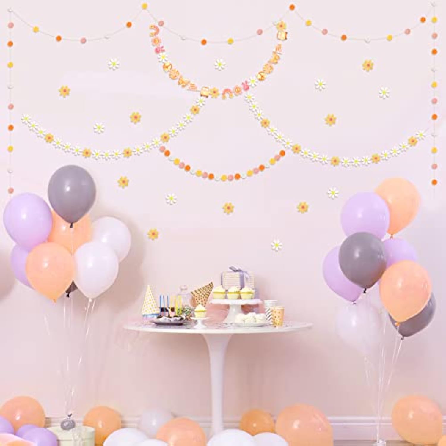 4 Pcs Groovy Party Decorations Garland Felt Ball Hippie Banner And Daisy Boho Garland Set With 6.5 Ft Pom Pom Banner Spring Party Supplies Retro Decor For Wall