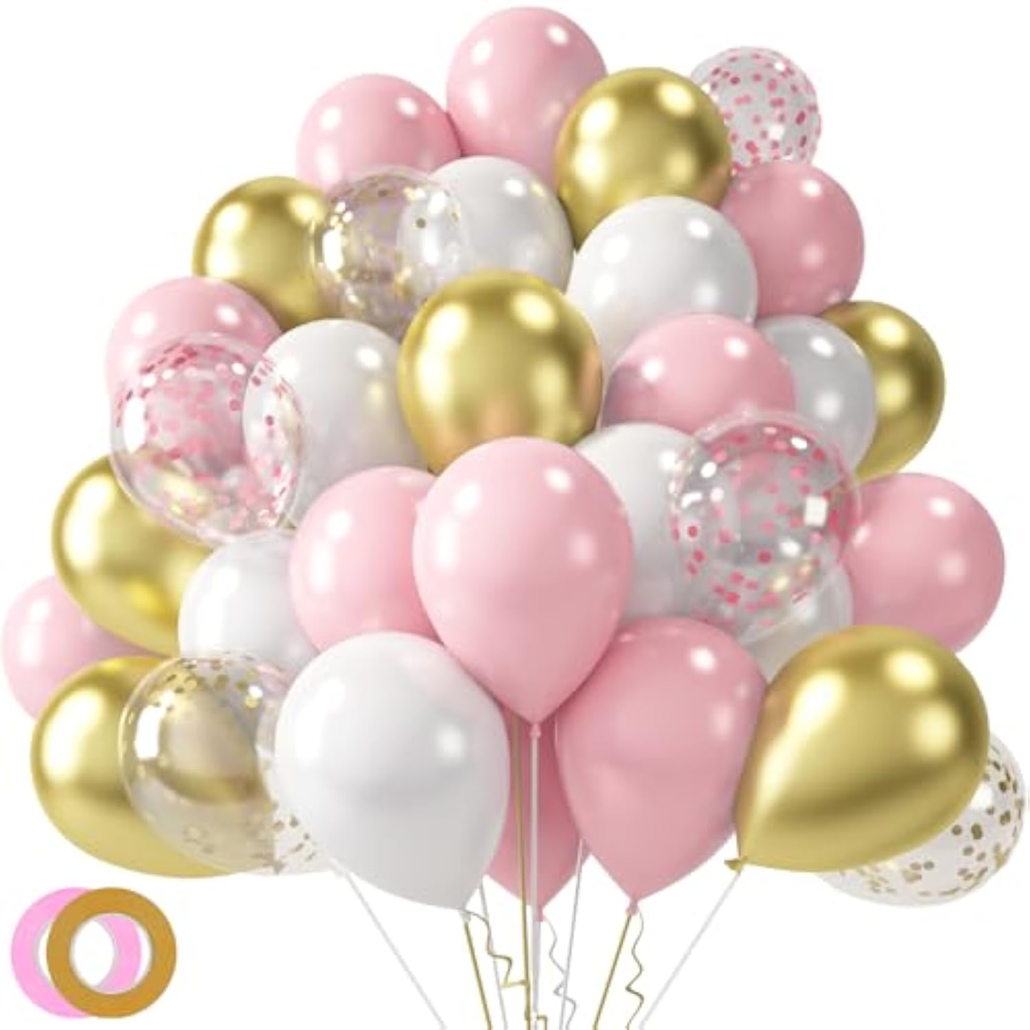 60pcs Pink & Gold Confetti Balloons 12" — Ribboned Latex for Party Decor