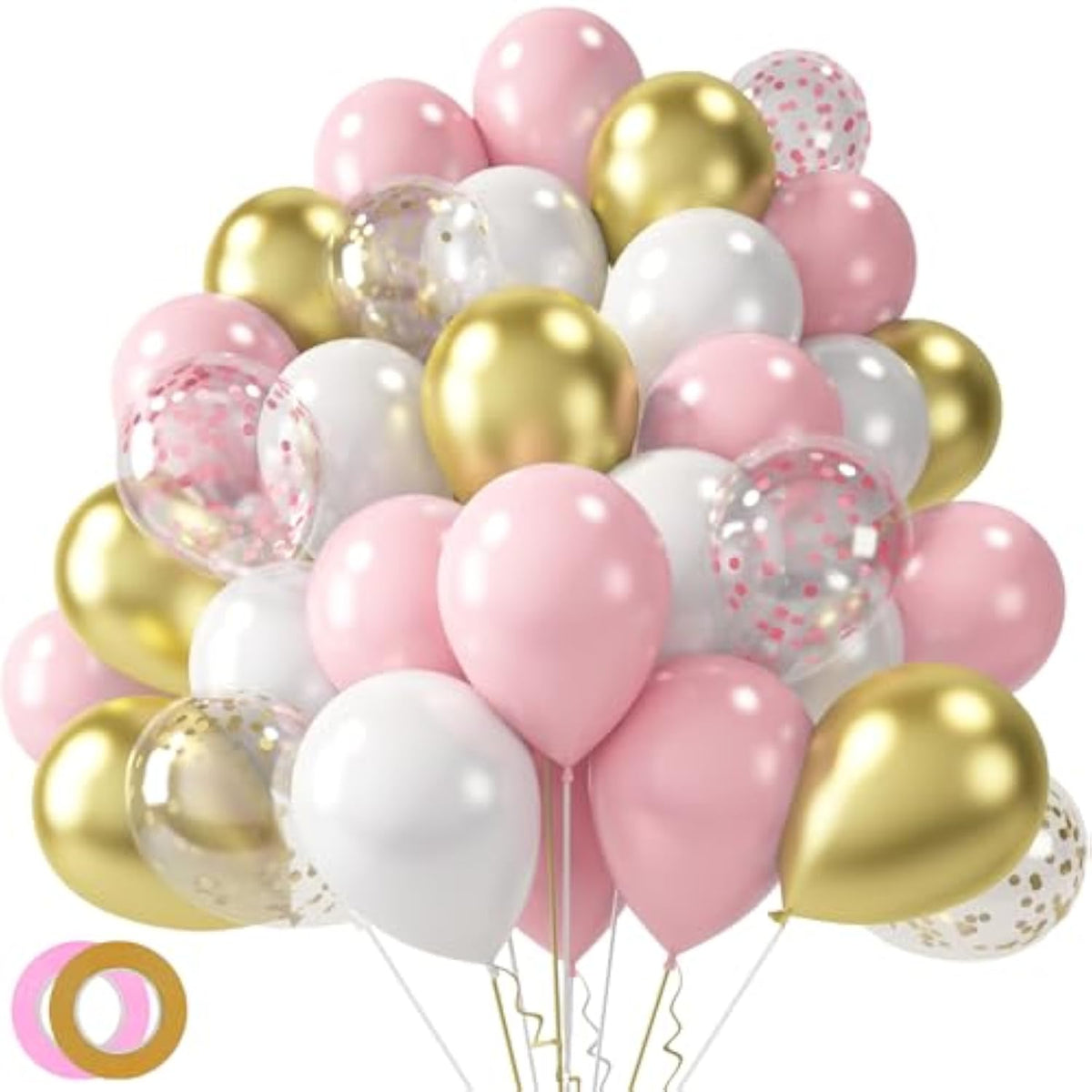 60pcs Pink & Gold Confetti Balloons 12" — Ribboned Latex for Party Decor