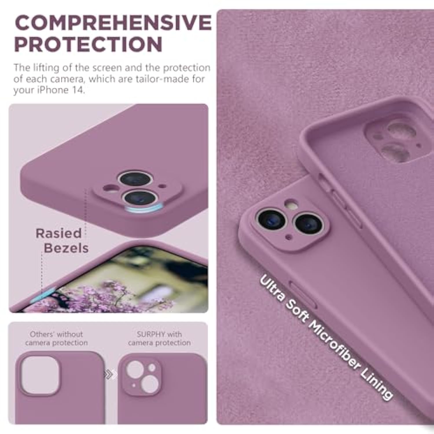 Compatible With 14 Case With Screen Protector (Camera Protection & Soft Microfiber Lining) Liquid Silicone Phone Case 6.1 Inch 2022, Lilac Purple