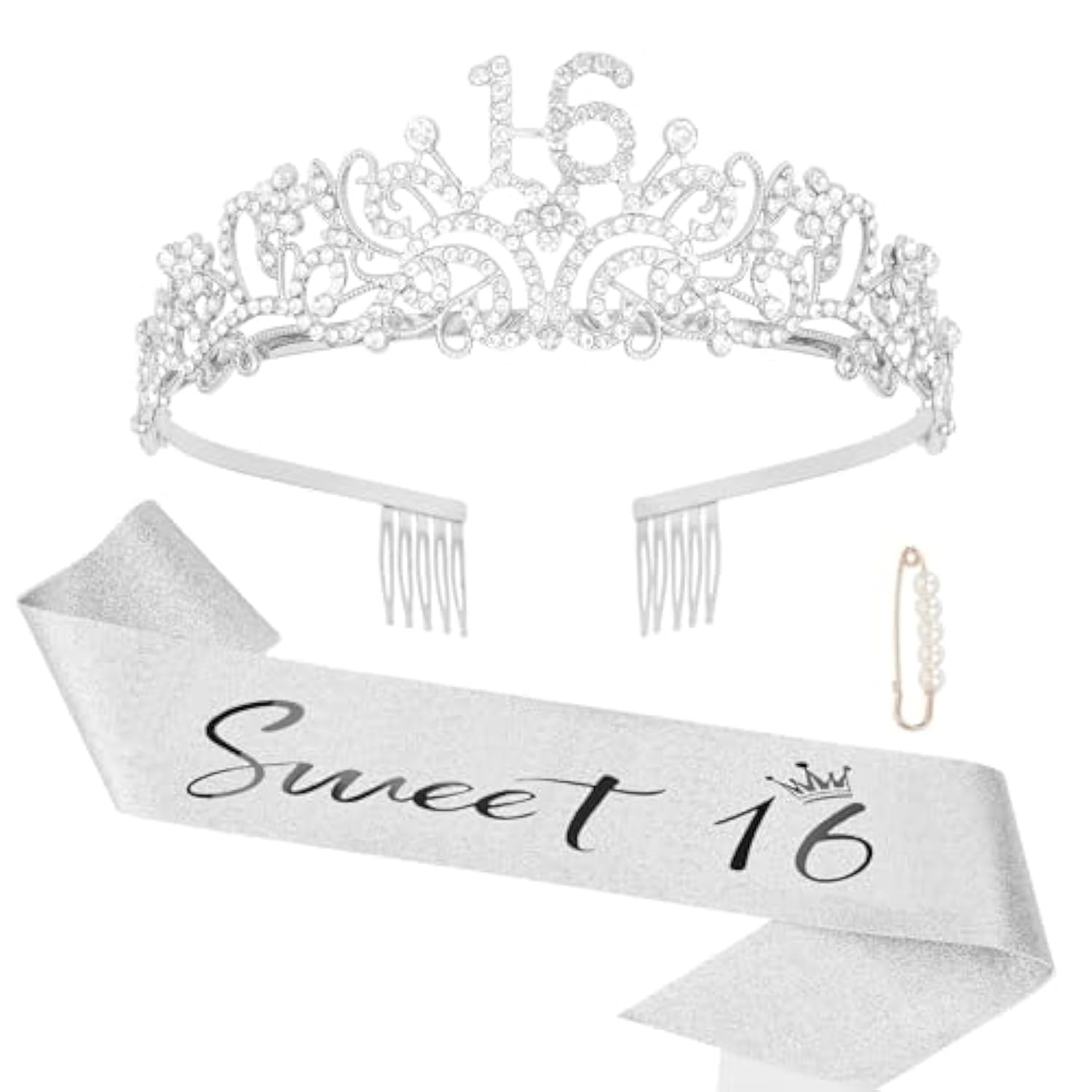 Birthday Crown And Sweet 16 Sash Glitter Kit For Girls - Silver Metal Costume Circlet, Gold Shiny Cloth Sash With Pearl Pin - 16Th Birthday Party Supplies And Favors