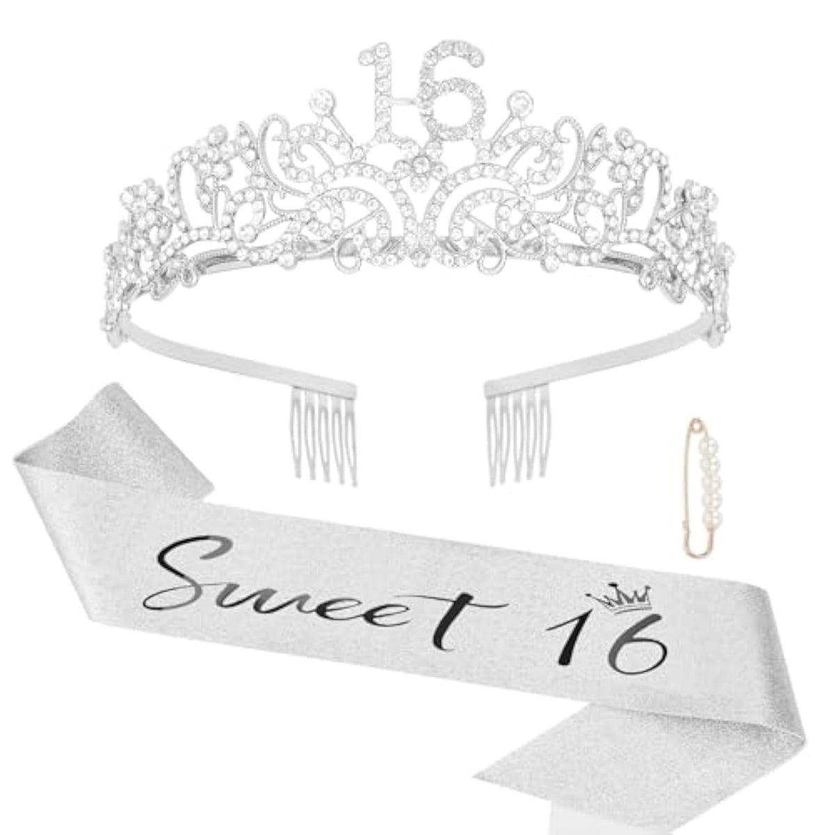 Birthday Crown And Sweet 16 Sash Glitter Kit For Girls - Silver Metal Costume Circlet, Gold Shiny Cloth Sash With Pearl Pin - 16Th Birthday Party Supplies And Favors