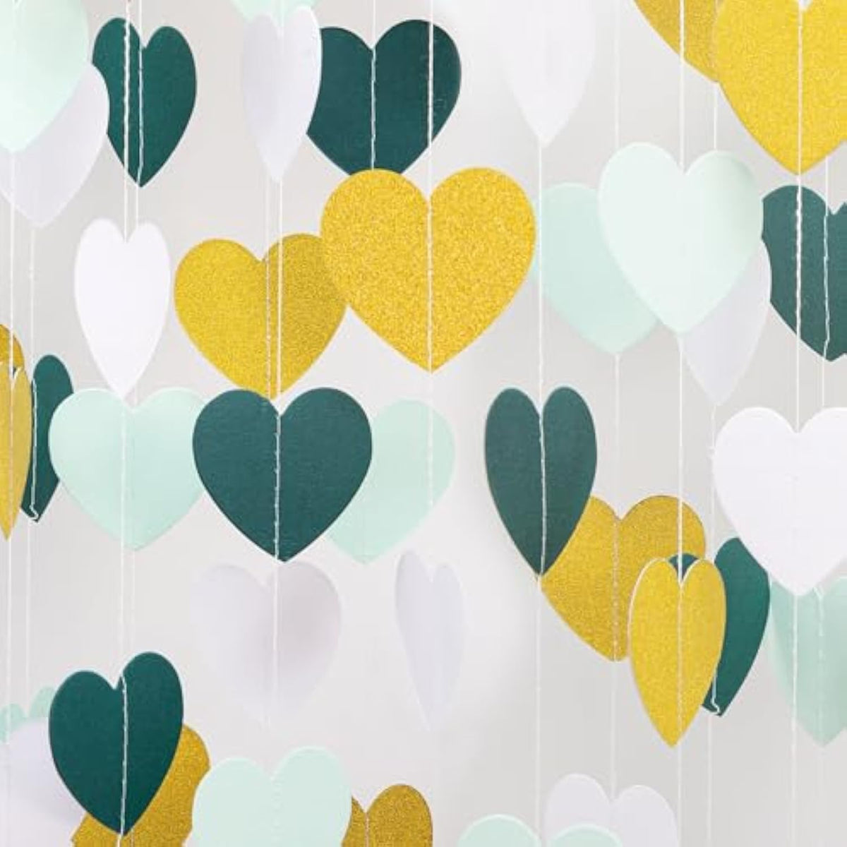 Sage-Green Gold White Mint-Green Party-Decorations - 52Ft Heart Paper Garland Streamers Birthday Banner Bridal Baby Shower Wedding Bachelorette Engagement Graduation Hanging Decor
