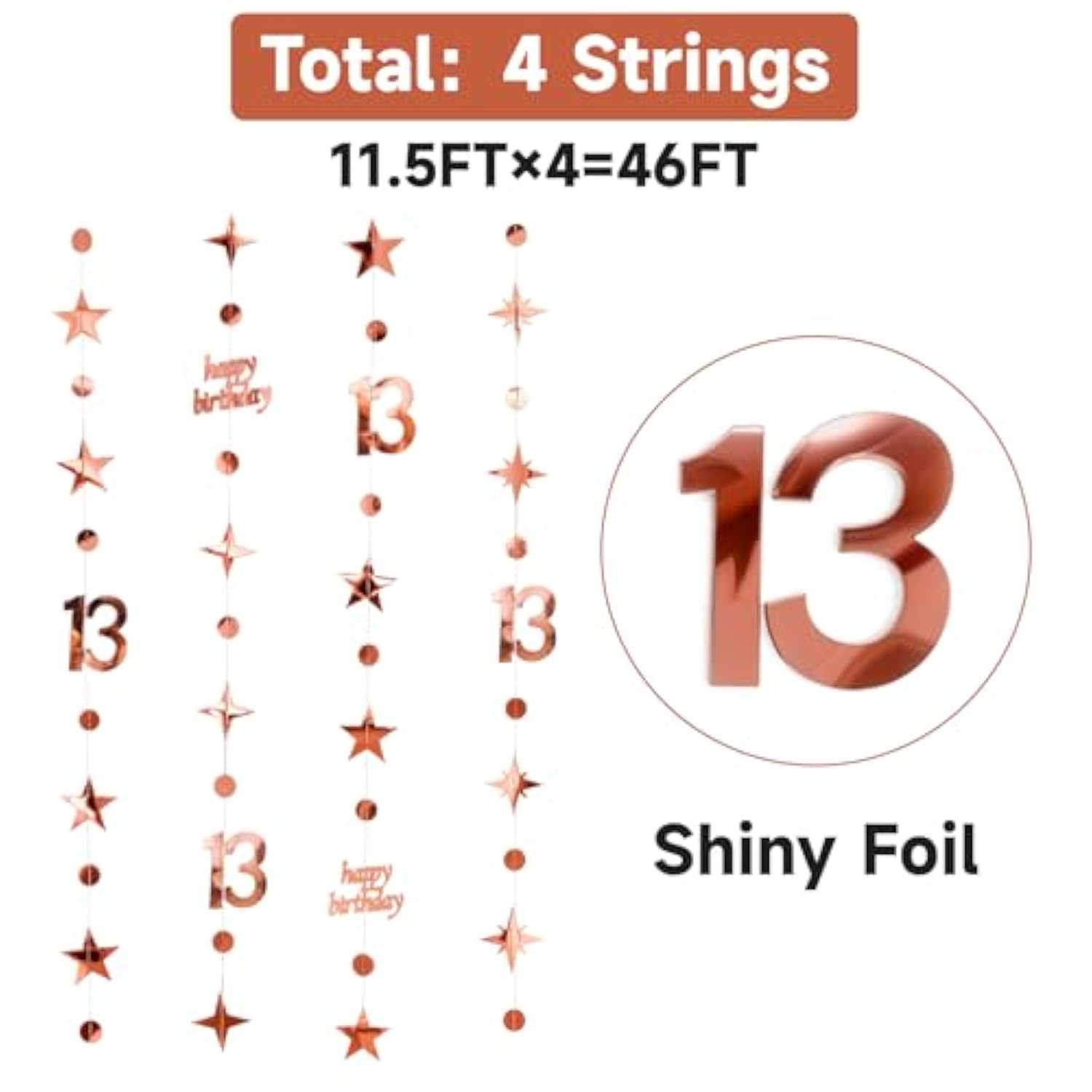 46Ft Rose Gold 13th Birthday Decorations Star/Dot Garlands & Streamers (14M)