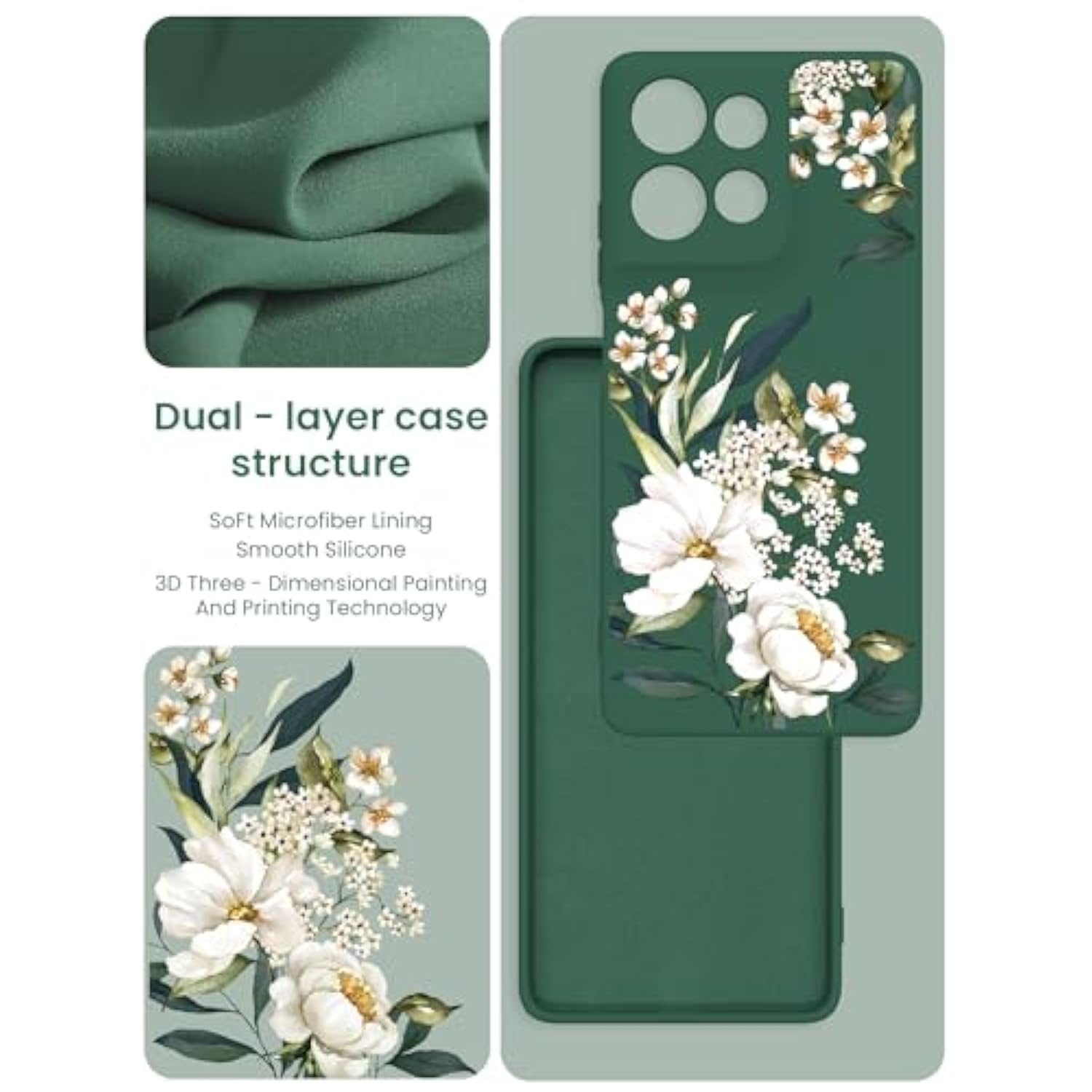 For Motorola Moto G Power 5G 2025 Case With 2X Tempered Glass Screen Protectors, Girls Women Florals Liquid Silicone Phone Case, Shockproof Antiscratch Soft Protection Case (Midnight Green)