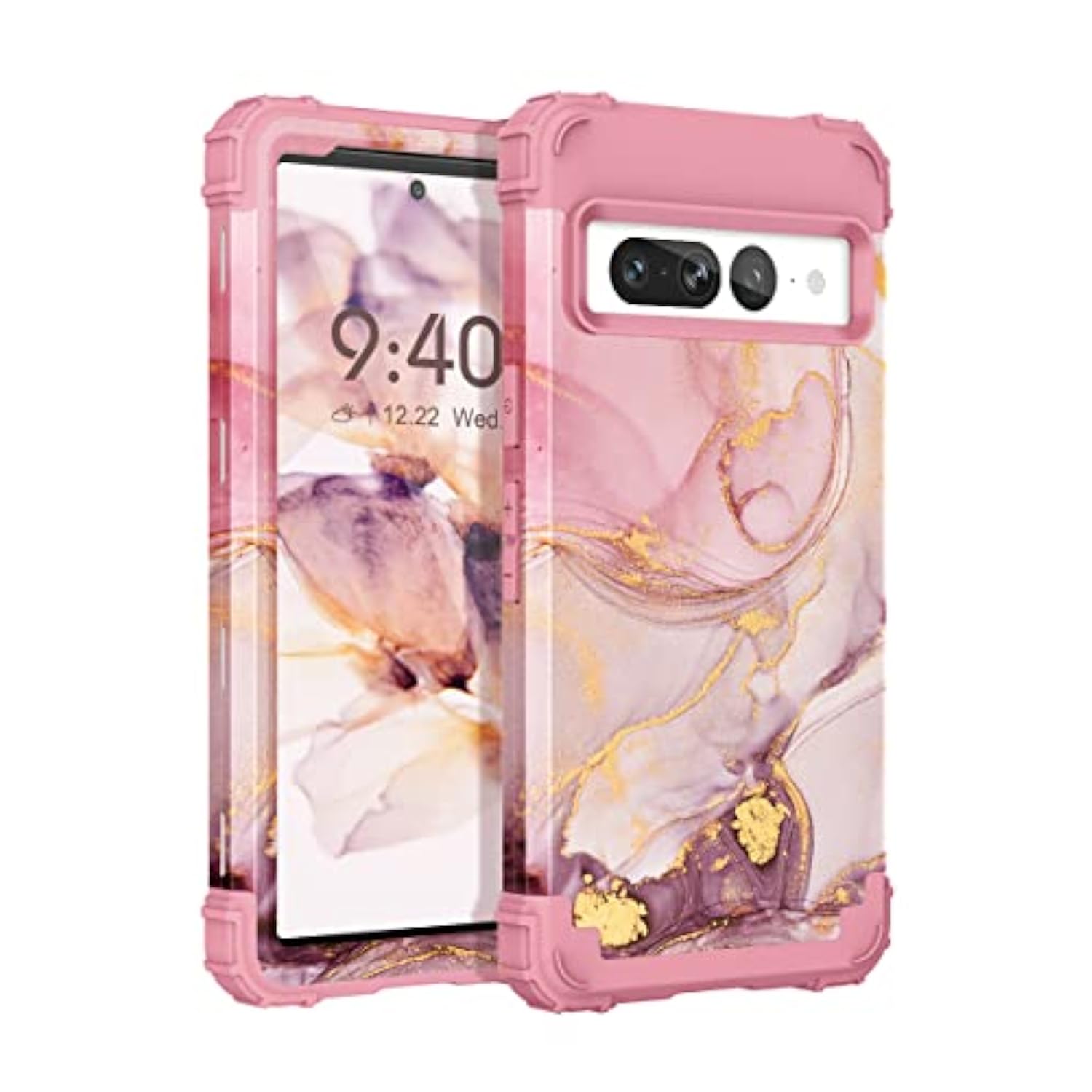 For Pixel 7 Pro - Marble Rose Gold 3 In 1 Hard Pc Silicone Rugged Bumper Heavy Duty Shockproof Antiscratch Military Fullbody Protective Case, 6.7"