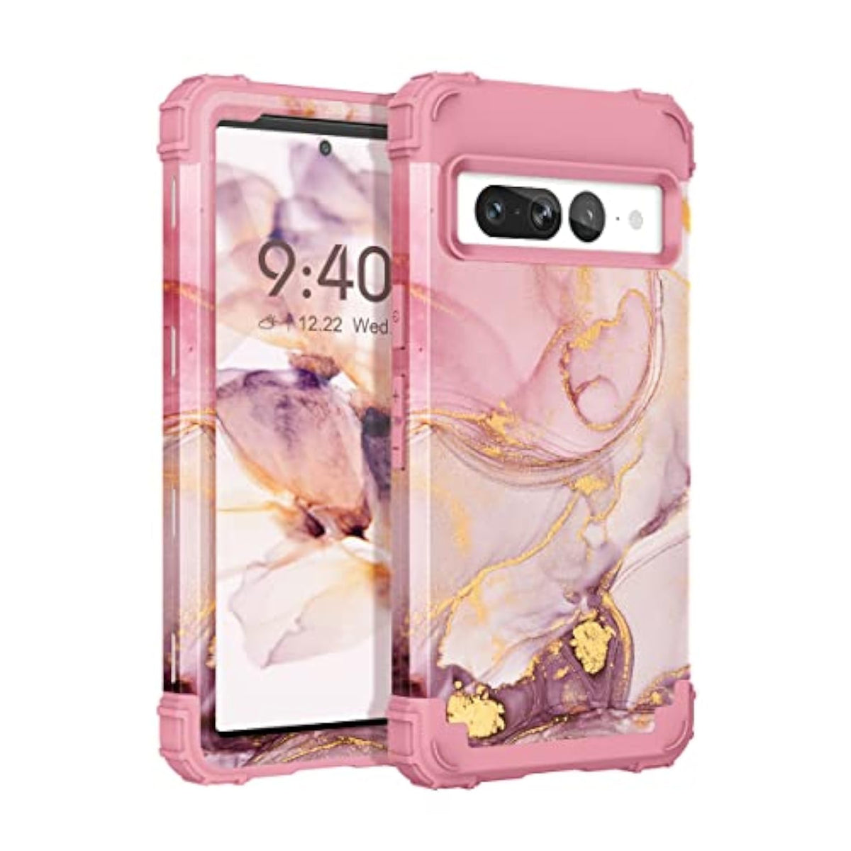 For Pixel 7 Pro - Marble Rose Gold 3 In 1 Hard Pc Silicone Rugged Bumper Heavy Duty Shockproof Antiscratch Military Fullbody Protective Case, 6.7"