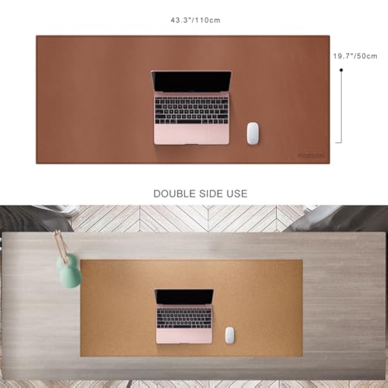 MAIDERN 43.3”x 19.6” Leather Desk Mat, Large Desk Pad, Cork & Leather Large Mouse pad for Desk, Waterproof Computer Desk Mat for Gaming Home Office (Brown)