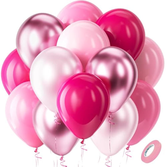 Pink Balloons Set,60Pcs 12 Inch Metallic Pearl Pink, Hot & Pastel Pink Latex Balloons Kit For Birthday,Wedding,Baby Shower,Princess Theme Party Decorations