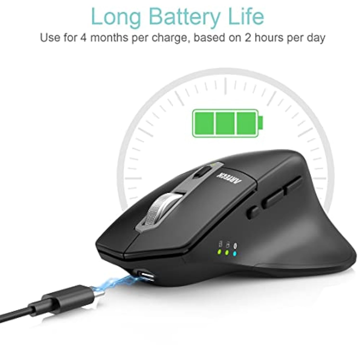 Multi-Device Wireless Bluetooth Mouse With Nano Usb-A, Usb-C Receiver Ergonomi