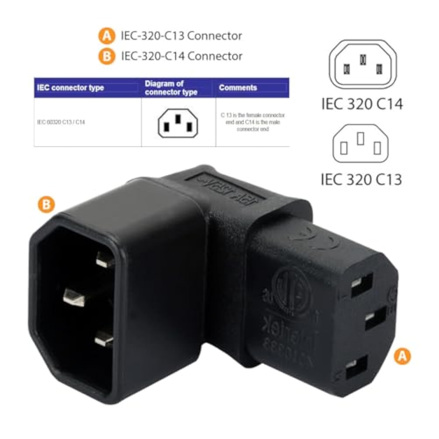 Iec 320 C14 Male To C13 Female 90 Degree Down Angled Power Extension Connector Adapter 10A 250V For Monitor/Computer/Pdu Chassis/Printer