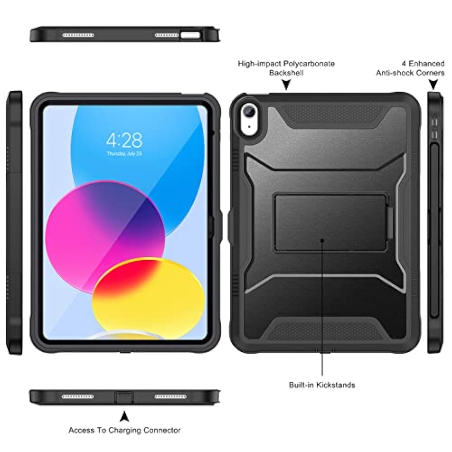 Case For (A16) 11Th Generation 11-Inch 2025, 10Th Generation 10.9-Inch 2022, With Built-In Screen Protector And Kickstand, Rugged Full Body Protective Cover - Black