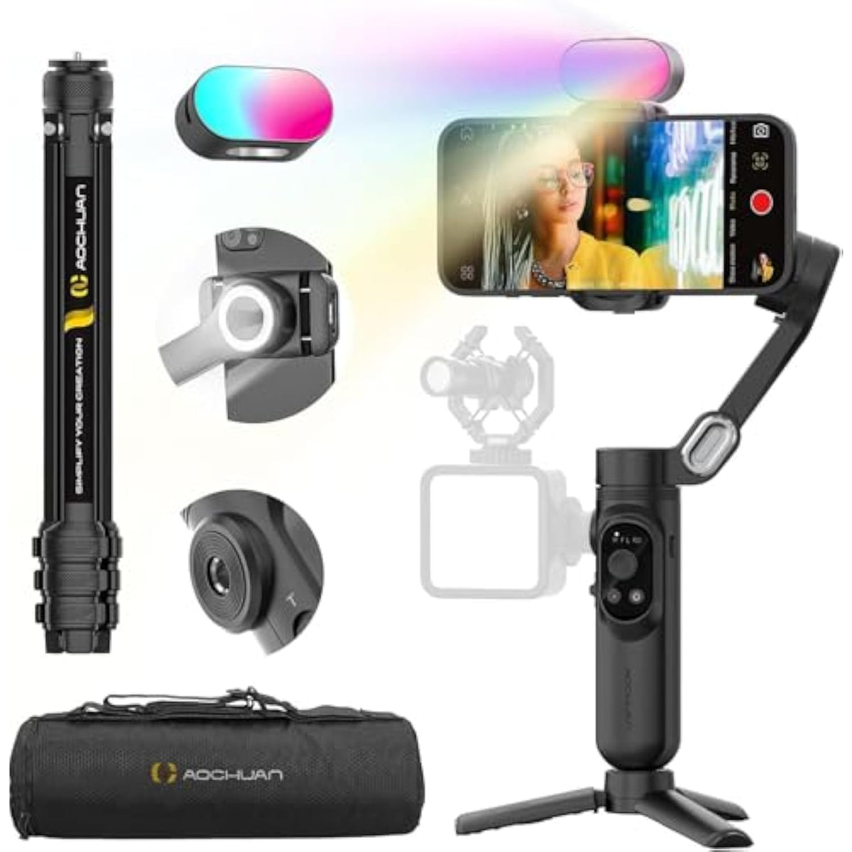3-Axis?Gimbal Stabilizer For Iphone & Android W/Rgb Light, Handheld Phone Gimbal For Video Recording W/Ai Tracking,1/4 Thread, Extendable Tripod, Padded Carry Bag(Smart X Complete Combo1)