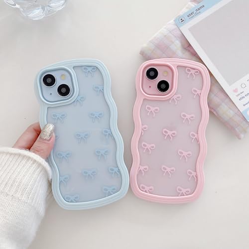 Bow Case For Iphone 15, Clear Cute Ribbon Bow Phone Case Curly Wavy Aesthetic Phone Case, Slim Soft Transparent Shockproof Protective Cover For Women Girls - Pink